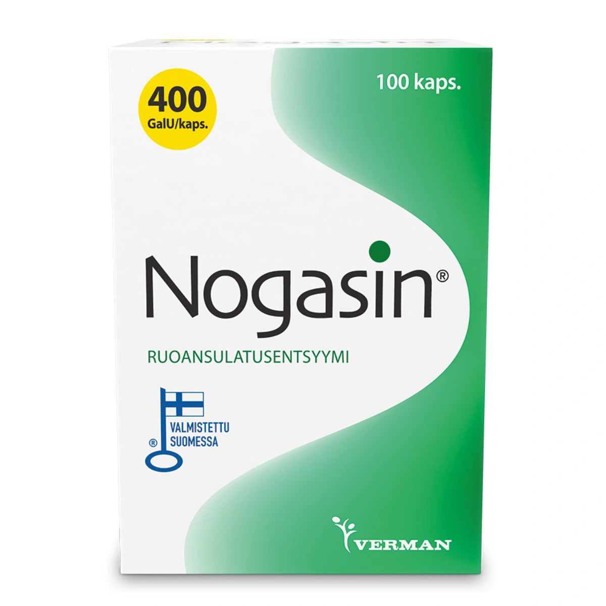NOGASIN 400 GaIU kapseli 100 kpl tehokas ja helppokäyttöinen entsyymivalmiste
