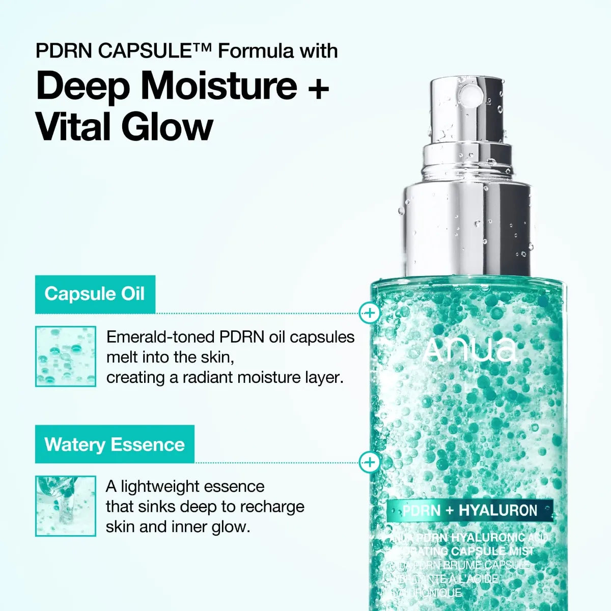 Anua PDRN Hyaluronic Acid Hydrating Capsule Mist kevyt suihke sulautuu ihoon