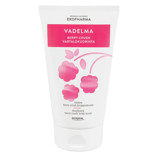 Ekopharma Vadelma Berry Crush vartalokuorinta 150 ml – öljypohjainen vartalokuorinta hienoilla mineraalirakeilla