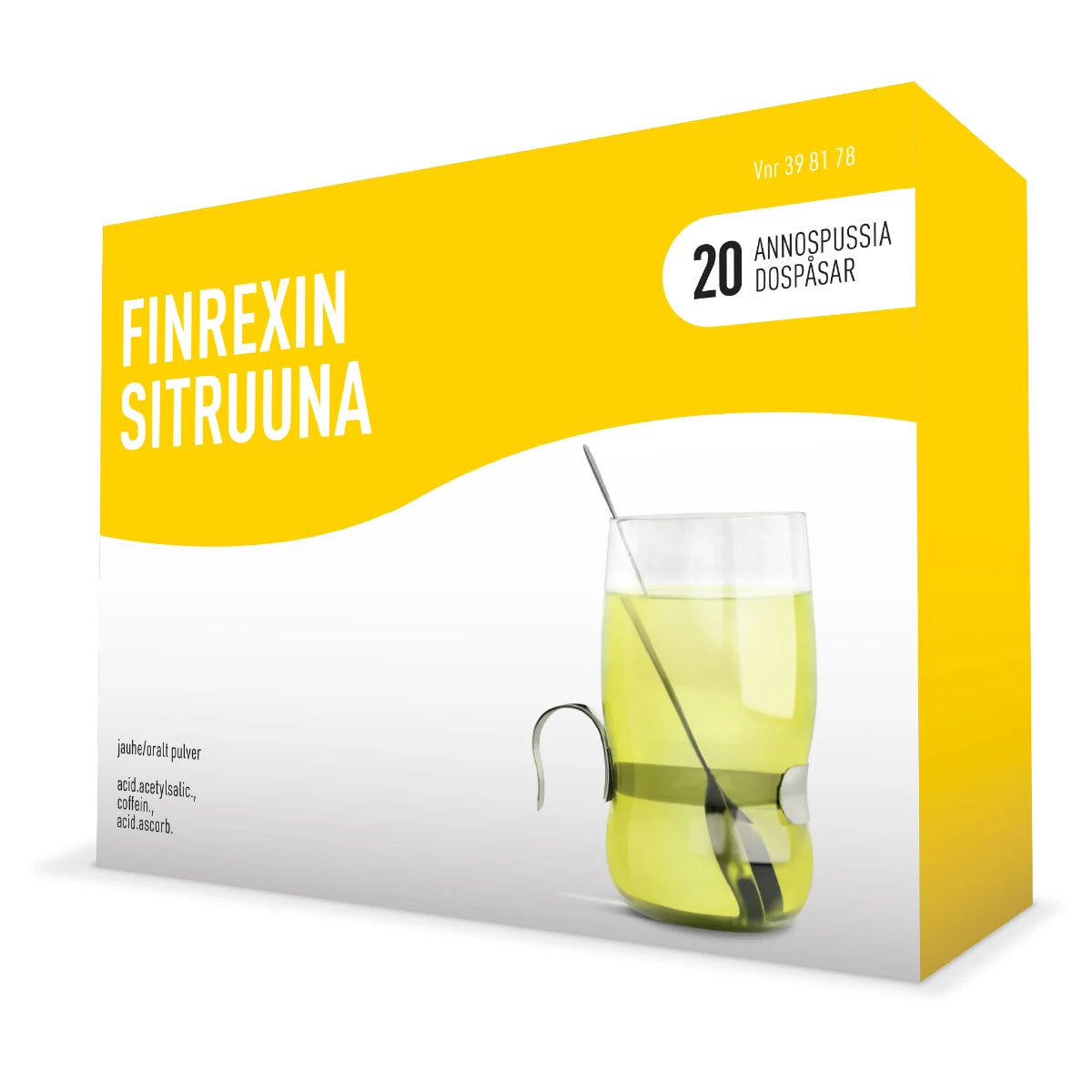FINREXIN Sitruuna jauhe sisältää asatyylisalisyylihappoa, kofeiinia ja C-vitamiinia