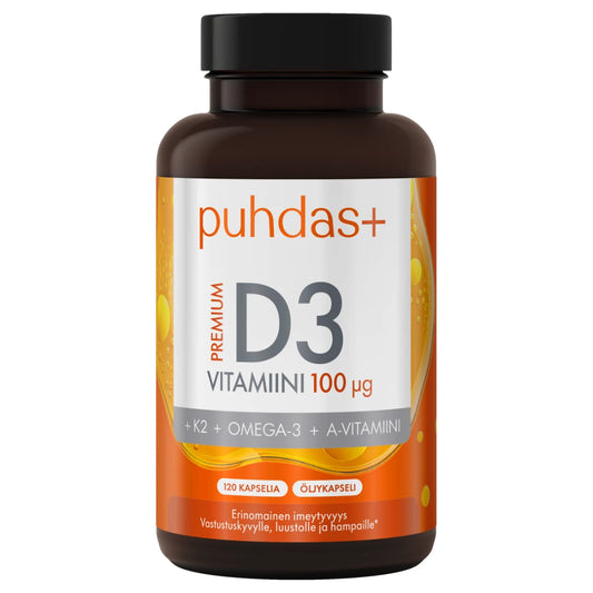 Puhdas+ Premium D3-vitamiini 100 mikrog + K2 + Omega-3 + A-vitamiini 120 kaps