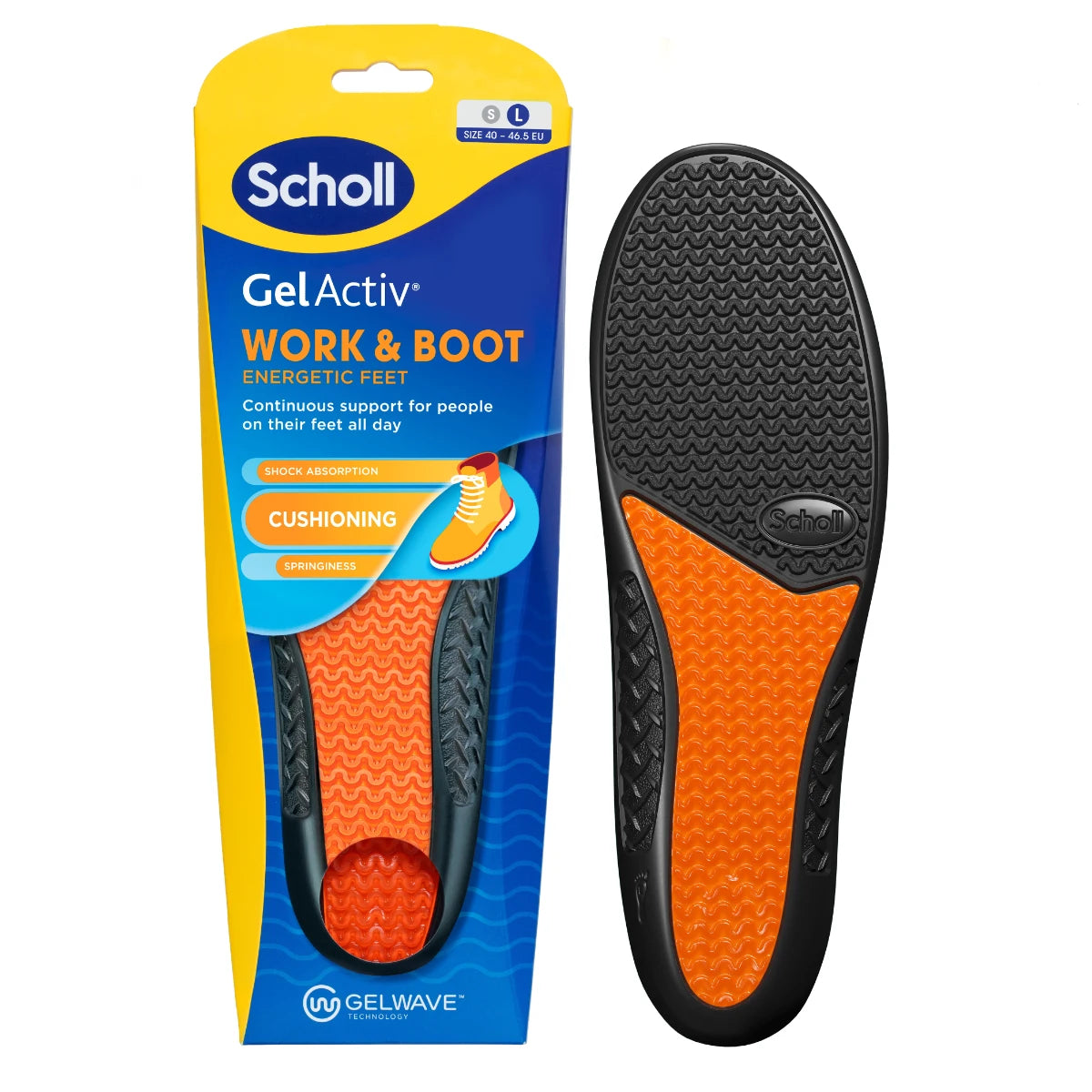 Scholl GelActiv™ Work &amp; Boot Large -geelipohjalliset – iskua vaimentava pohjallinen työjalkineisiin (koko 41-47)